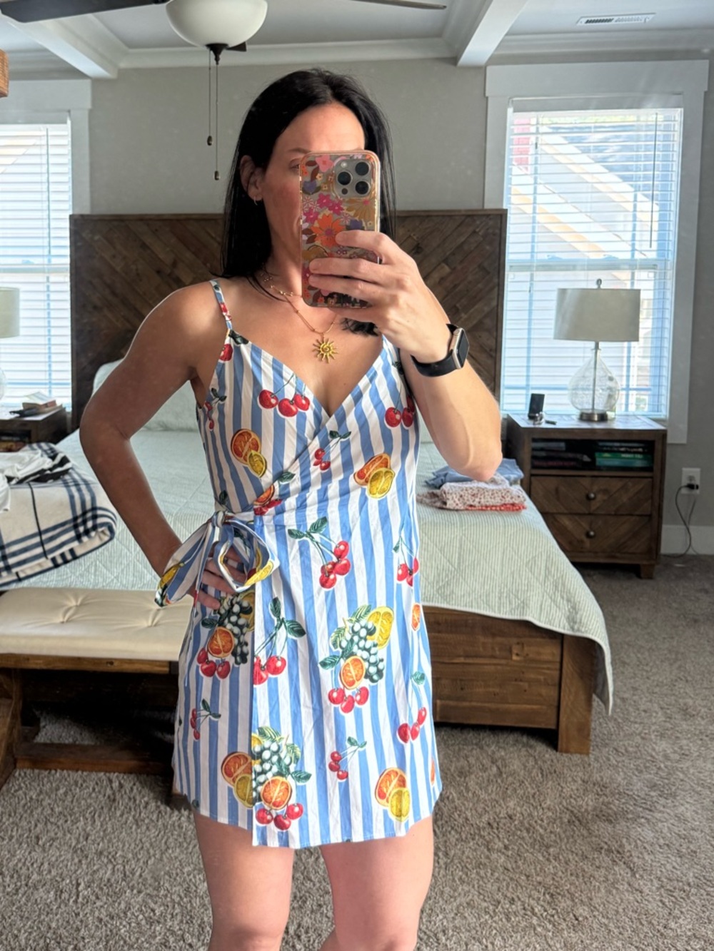 Show Me Your MuMu Blue White Striped Fruit Wrap Dress - Picture 2 of 5